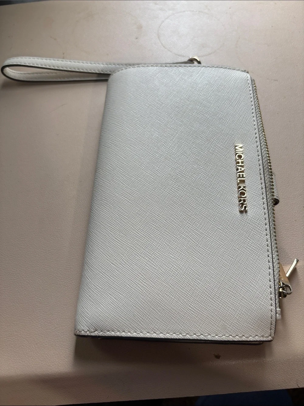 Michael Kors Ivory Saffiano Leather Wristlet Clutch with Gold Logo